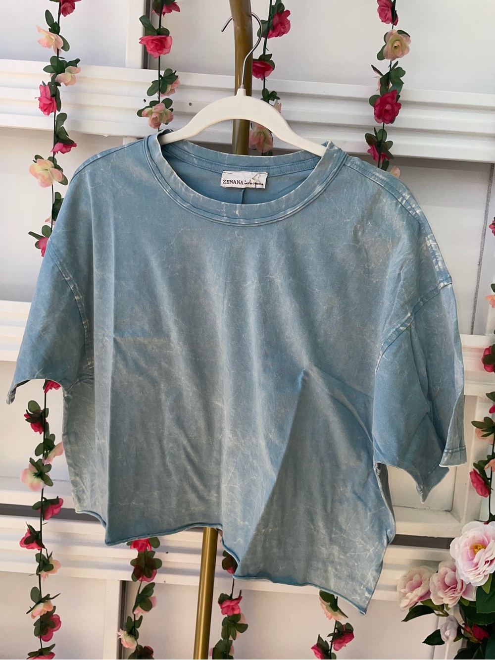 Zenana Outfitters Light Wash Boxy Crop Tee - Blue Grey